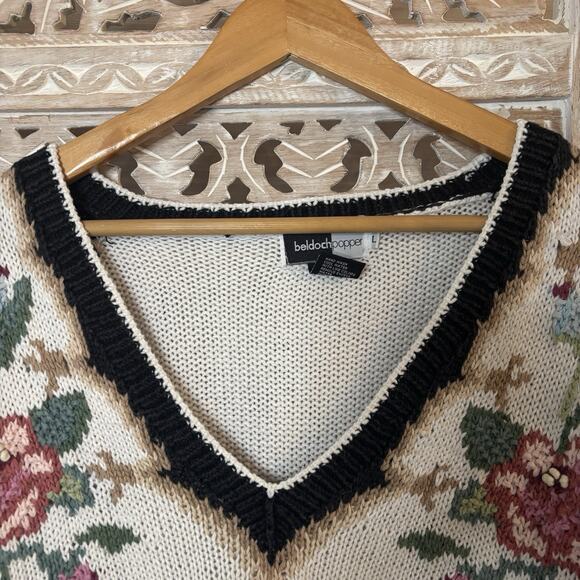 Beldoch Popper V-Neck Sweater Large Cream Whimsical Floral Cottage Granny Core - Picture 3 of 9